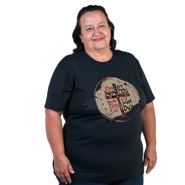 Baby Look Plus Size Medalha das Duas Cruzes - Marinho Safira